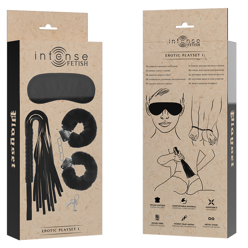 INTENSE – FETISH PLAYSET ÉROTIQUE 1 AVEC MENOTTES, MASQUE AVEUGLE ET FLOGGER