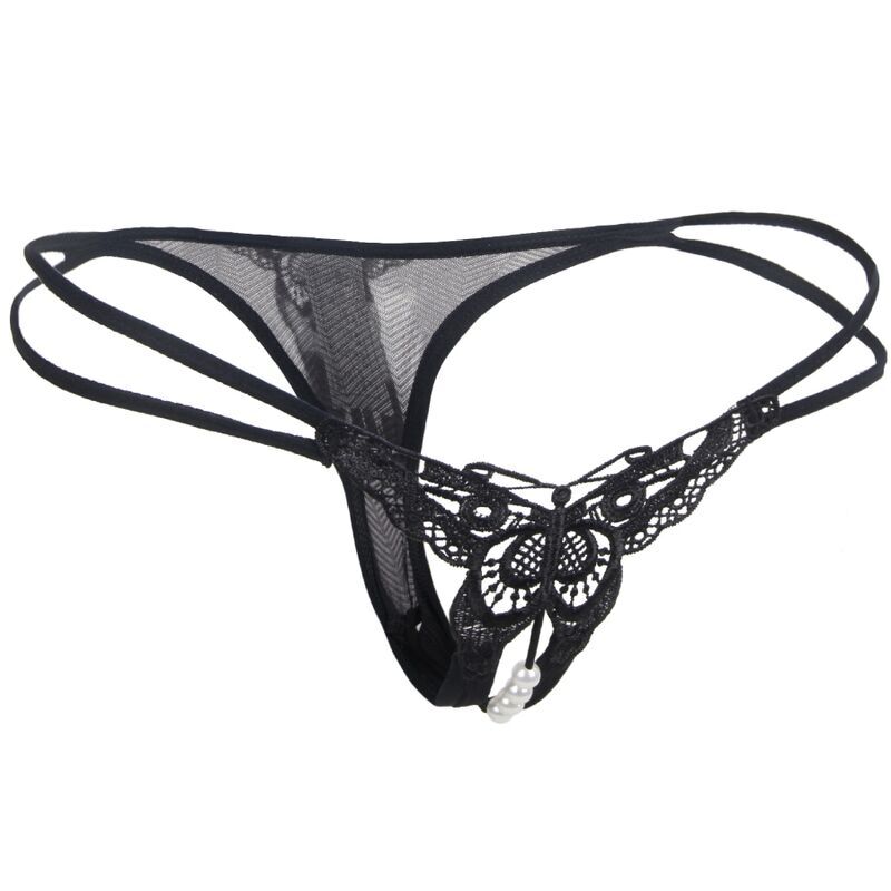 BRUMA SECRET – T140 STRING DENTELLE ET PERLES FORME PAPILLON OUVERTURE NOIR TAILLE UNIQUE