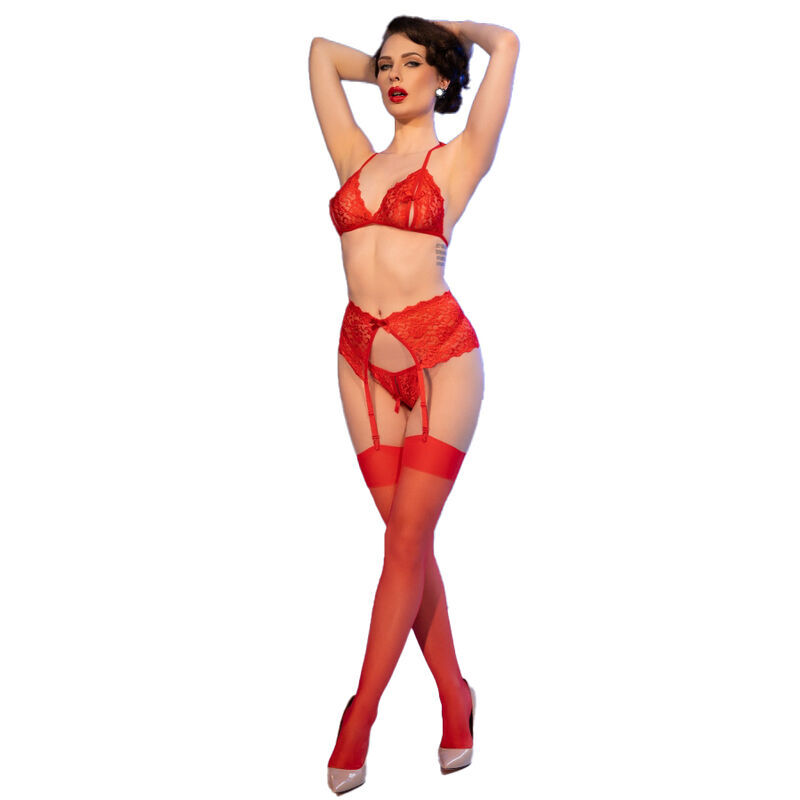 CHILIROSE – CR 4848 SET SUJETADOR + TANGA + MEDIAS DE ENCAJE ROJO S