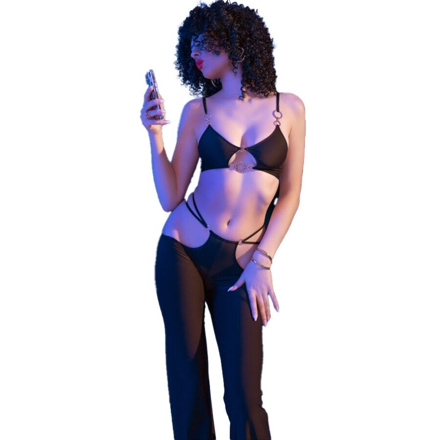 CHILIROSE – CR 4851 ENSEMBLE TOP NOIR ET LEGGINGS AVEC ACCESSOIRES DORES S