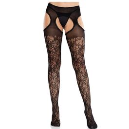 LEG AVENUE – BAS EN DENTELLE FLORALE AVEC JARRETELLES UNITED BLACK