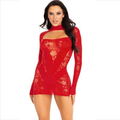 Leg Avenue - Mini Robe avec Dentelle Manches Longues Rouge